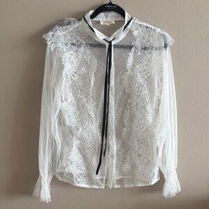 Listicle White Sheer Lace Button-Down Blouse with Black Ribbon Medium